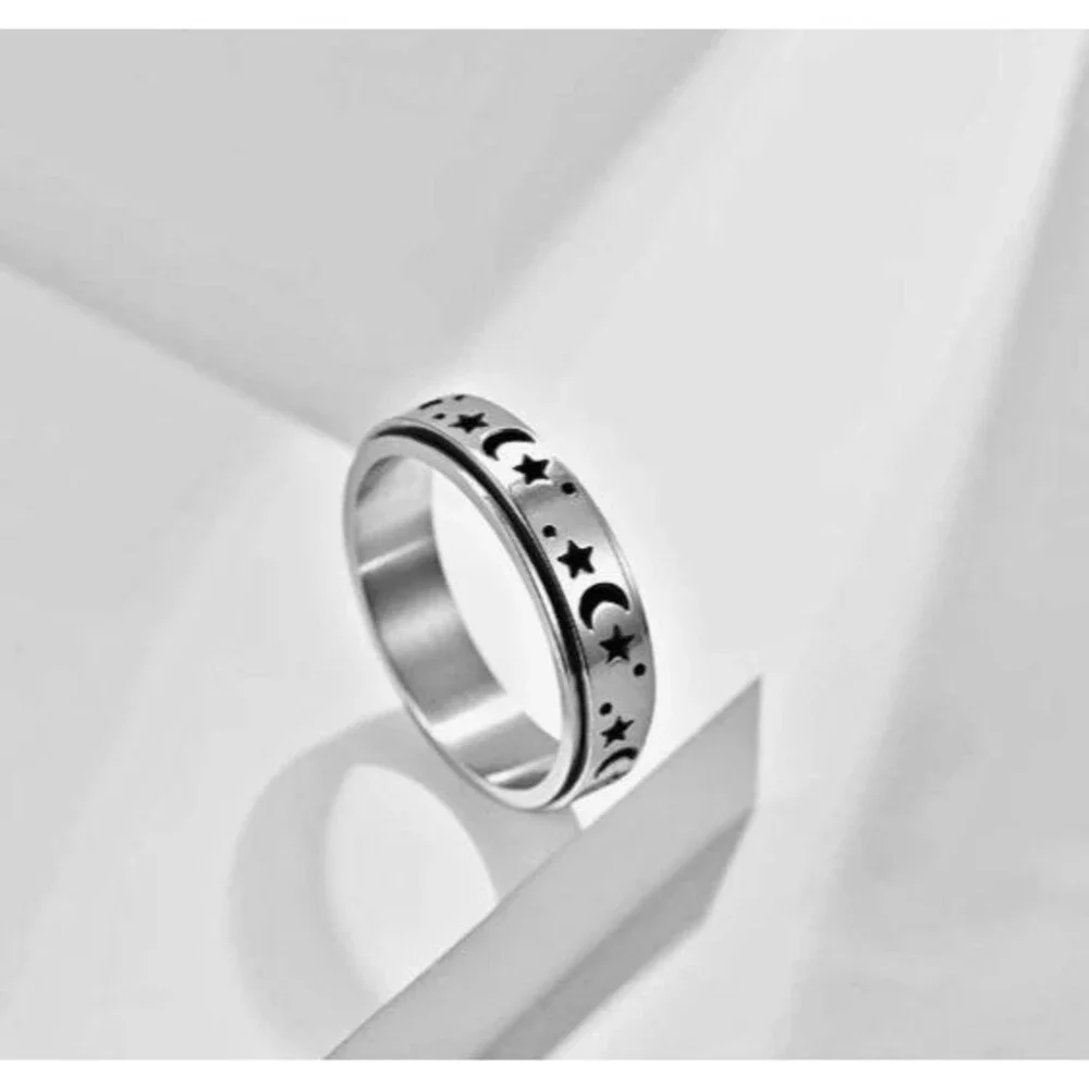 Men's Titanium Steel MOON STARS Ring Rotating Relieve Stress Spinner Women's